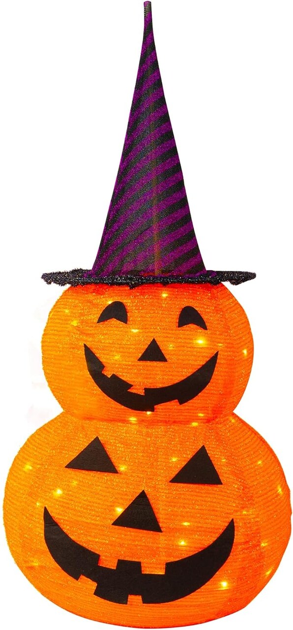 Light Up 50 LED Pumpkin with Hat 8 Lighted Mode, Pop Up Jack-o-Lantern with Metal Stand for Indoor Outdoor Yard Holiday Decor (Purple Hat)